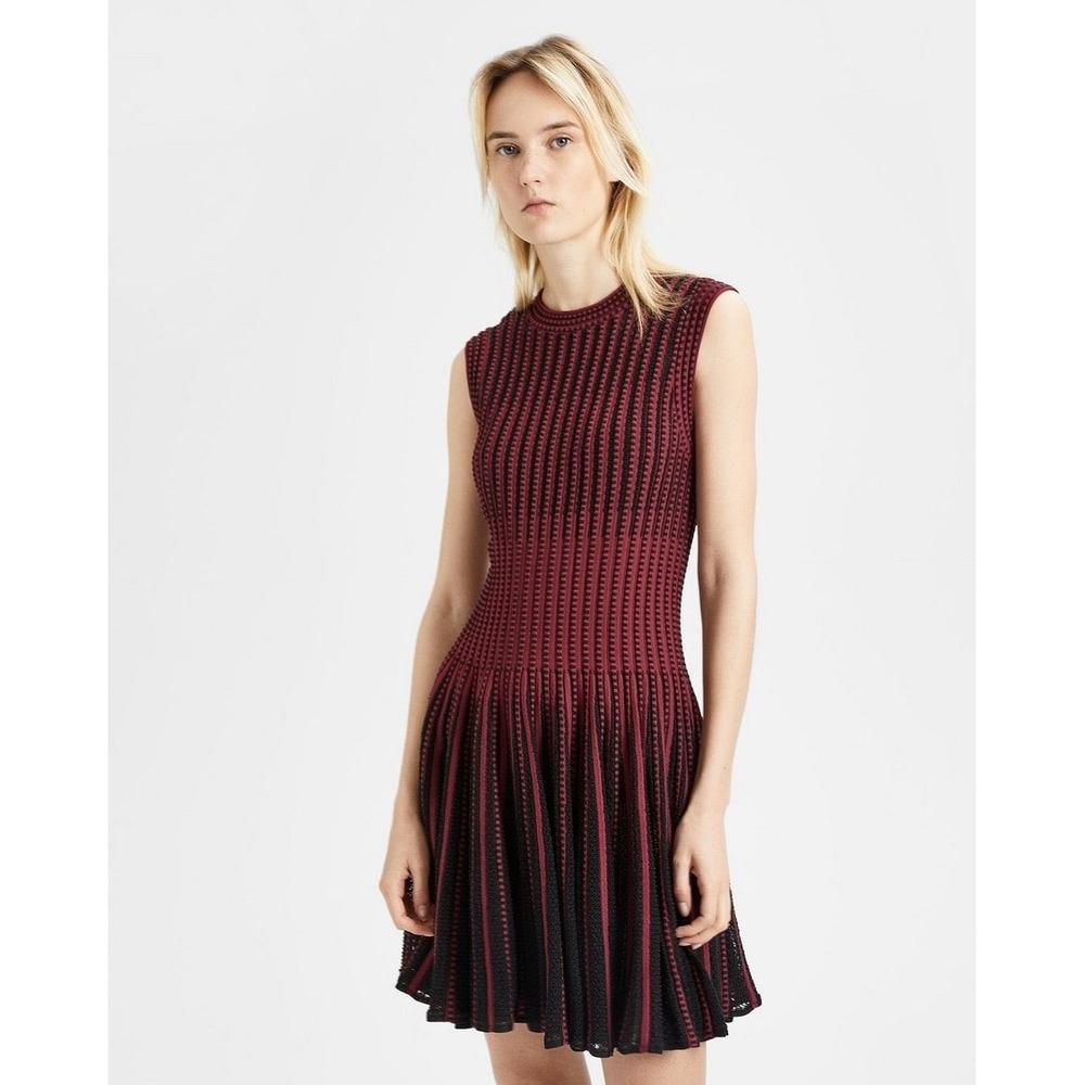 Theory Knit Novelty Checker Dress Burgundy Black Striped Knit Fit Flare Small